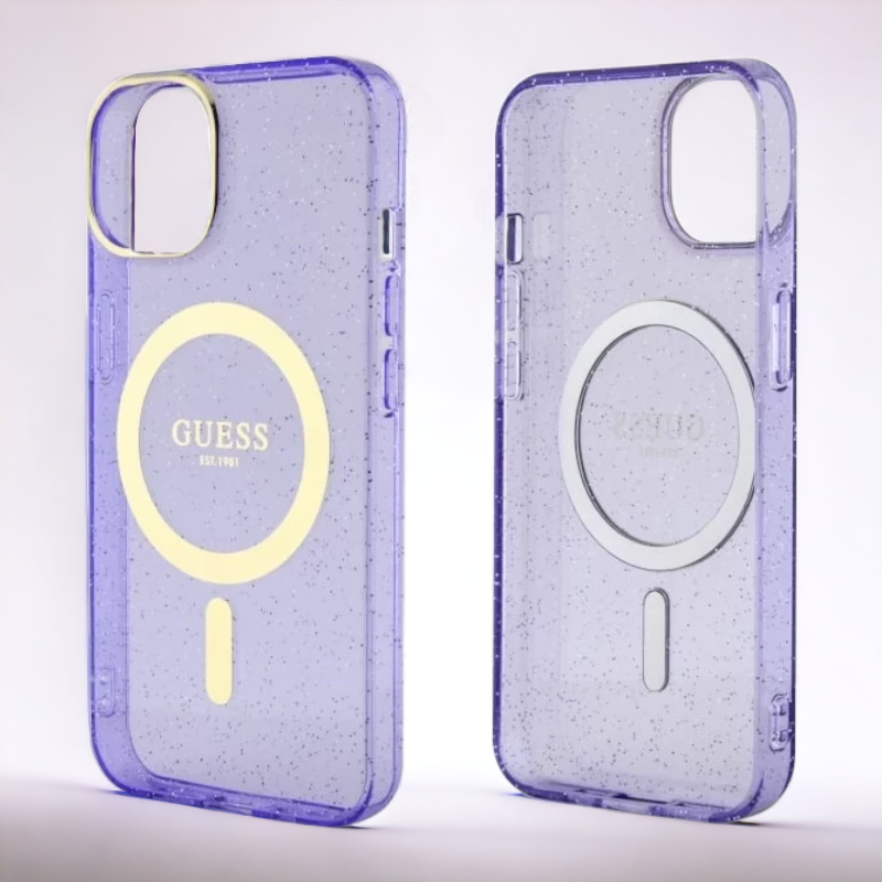 Ovitek Guess "Purple - Gold Glitter" za iPhone 13/14/15 s tehologijo MagSafe (GUHMP14SHCMCGU)