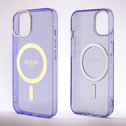 Ovitek Guess "Purple - Gold Glitter" za iPhone 13/14/15 s tehologijo MagSafe (GUHMP14SHCMCGU)