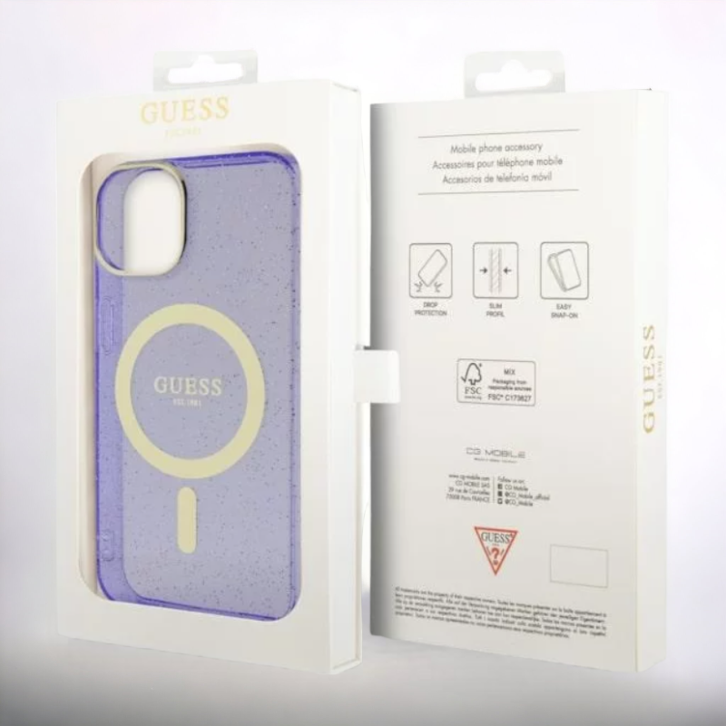 Ovitek Guess "Purple - Gold Glitter" za iPhone 13/14/15 s tehologijo MagSafe (GUHMP14SHCMCGU)