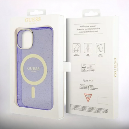 Ovitek Guess "Purple - Gold Glitter" za iPhone 13/14/15 s tehologijo MagSafe (GUHMP14SHCMCGU)