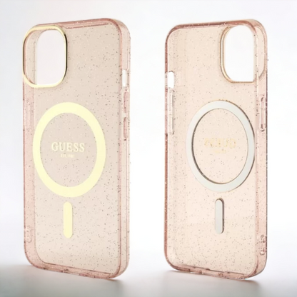 Ovitek Guess "Pink - Gold Glitter" za iPhone 14 Pro s tehologijo MagSafe (GUHMP14LHCMCGP)