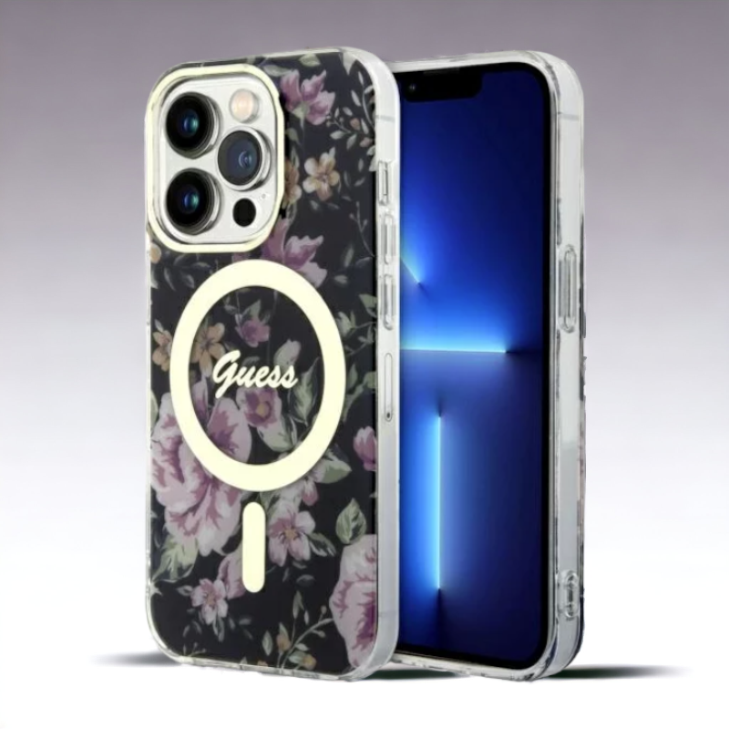 Ovitek Guess "Flower" za iPhone 14 Pro s tehologijo MagSafe (GUHMP14LHCFWSK) – Črna / PC + TPU silikon