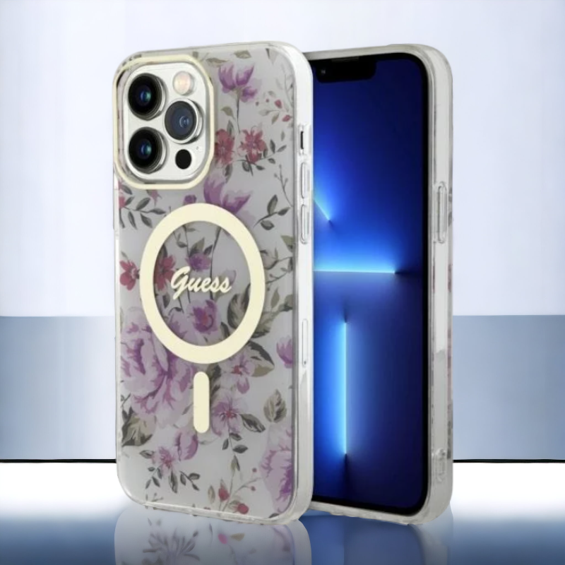 Ovitek Guess "Flower" za iPhone 14 Pro s tehologijo MagSafe (GUHMP14LHCFWST) – Prozorna / PC + TPU silikon