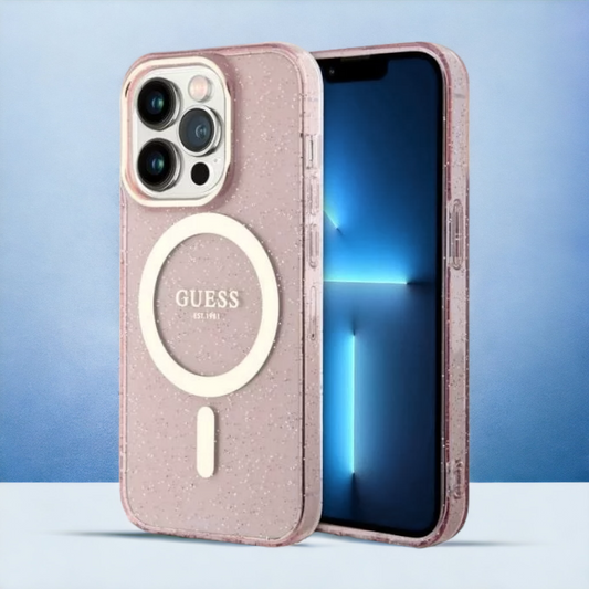 Ovitek Guess "Pink - Gold Glitter" za iPhone 14 Pro s tehologijo MagSafe (GUHMP14LHCMCGP) – Svetlo roza / PC + TPU silik