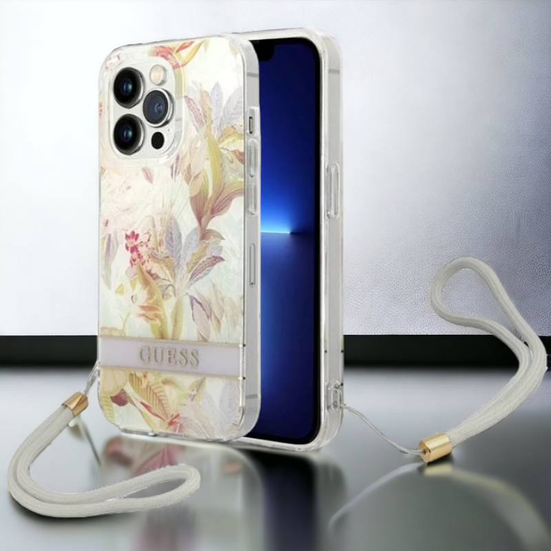 Ovitek Guess "Flower - purple" za iPhone 14 Pro (GUOHCP14LHFLSU) – Vijolična / PC + TPU silikon