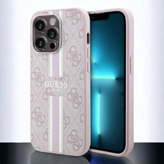 Ovitek Guess "Printed Stripes" za iPhone 14 Pro Max s tehnologijo MagSafe (GUHMP14XP4RPSP) – Svetlo roza / TPC + TPU sil