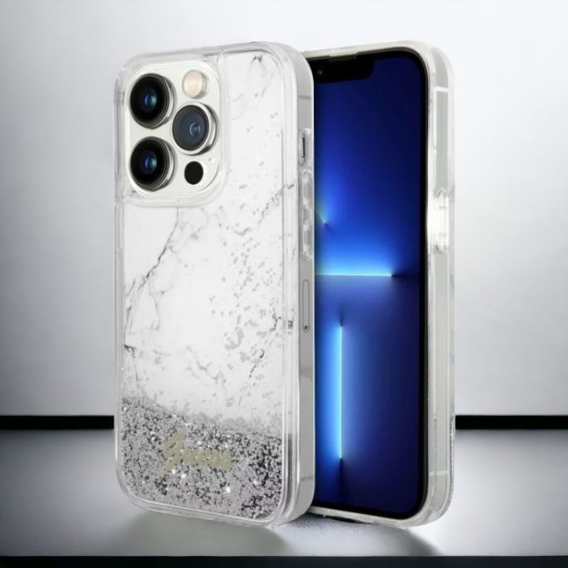 Ovitek Guess "Liquid Glitter Marble" za iPhone 14 Pro (GUHCP14LLCSGSGH) – Bela / PC + TPU silikon