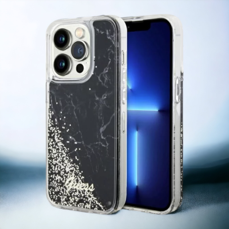 Ovitek Guess "Liquid Glitter Marble" za iPhone 14 Pro (GUHCP14LLCSGSGK) – Črna / PC + TPU silikon