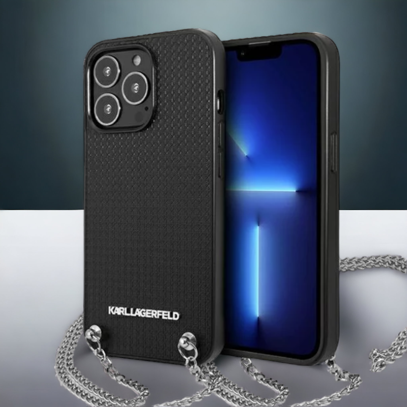 Ovitek Karl Lagerfeld "Leather Textured - Chain" za iPhone 13 Pro Max/12 Pro Max (KLHCP13XPMK) – Črna / PC + TPU silikon
