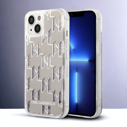 Ovitek Karl Lagerfeld "Liquid Glitter Monogram" za iPhone 13/14/15 (KLHCP14SLMNMS) – Srebrna / PC + TPU silikon