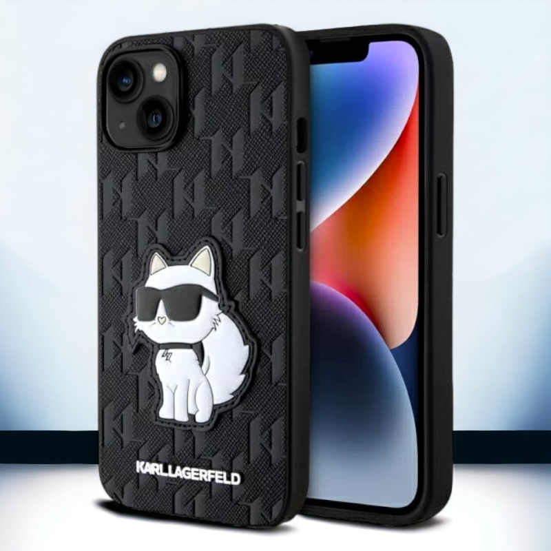 Ovitek Karl Lagerfeld " Saffiano Monogram Choupette " za iPhone 13/14/15 (KLHCP14SSAKHPCK) – Črna / PC + TPU silikon