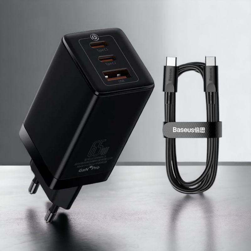 Komplet hišni polnilec "GaN 3 Pro" za hitro polnjenje in kabel USB C - 65W – Baseus – Črna