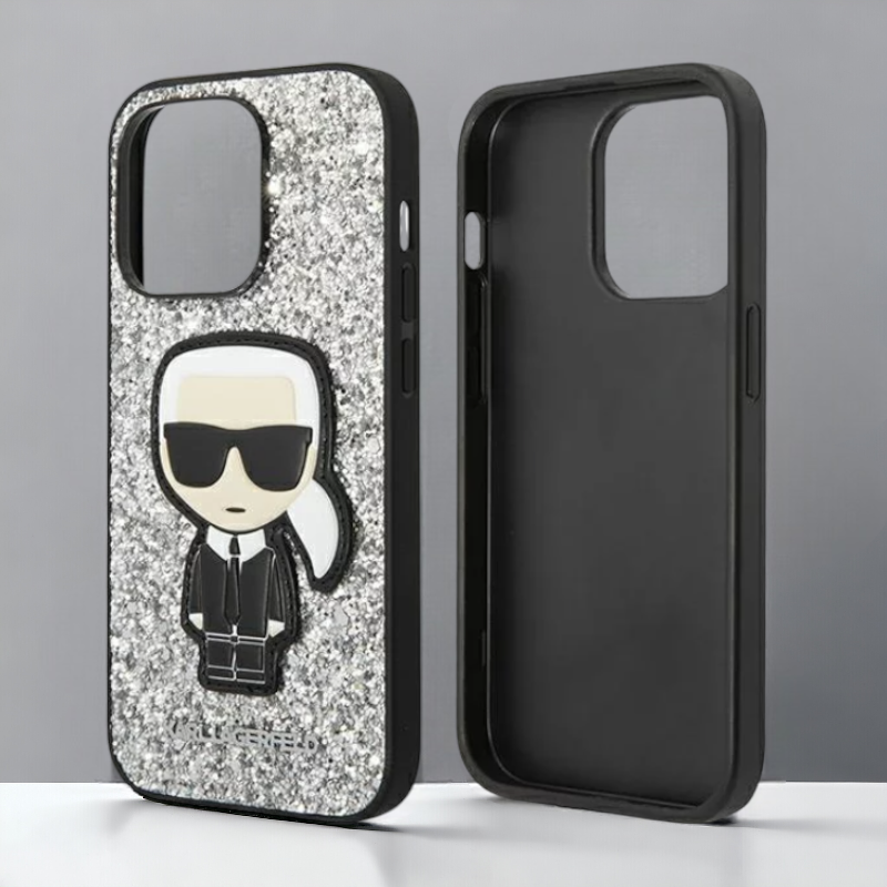 Ovitek Karl Lagerfeld "Iconic Karl - silver glitter flakes" za iPhone 14 Pro Max (KLHCP14XGFKPG)