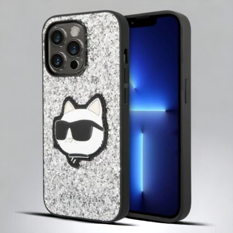 Ovitek Karl Lagerfeld "Glitter Choupette - silver" za iPhone 14 Pro Max (KLHCP14XG2CPS) – Srebrna / PC + TPU silikon