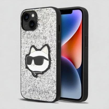 Ovitek Karl Lagerfeld "Choupette - silver glitter" za iPhone 13/14/15 (KLHCP14SG2CPS) – Srebrna / PC + TPU silikon
