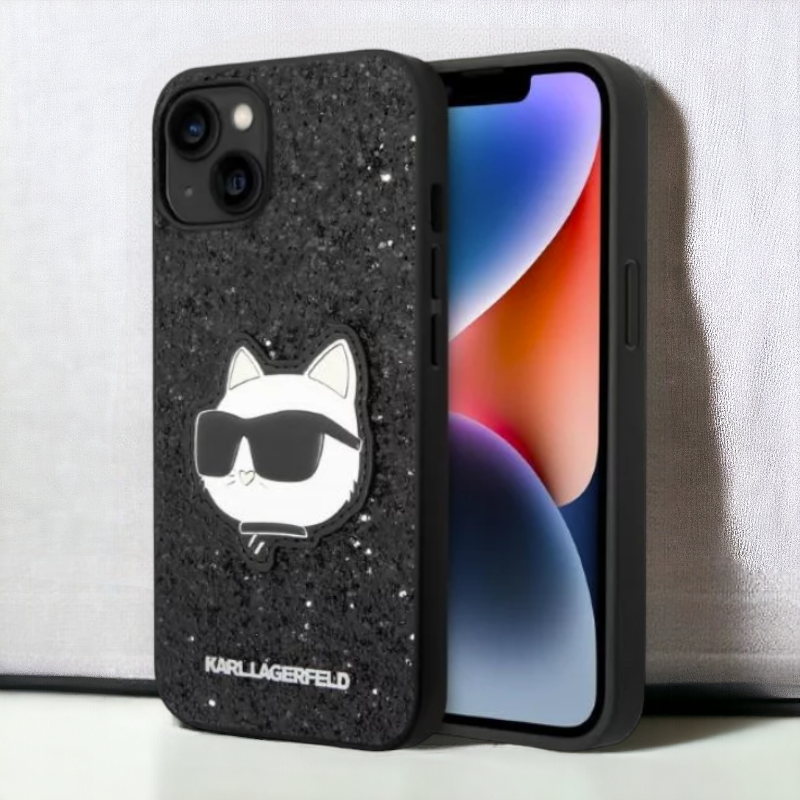 Ovitek Karl Lagerfeld "Choupette - black glitter" za iPhone 14 Plus/15 Plus (KLHCP14MG2CPK) – Črna / PC + TPU silikon
