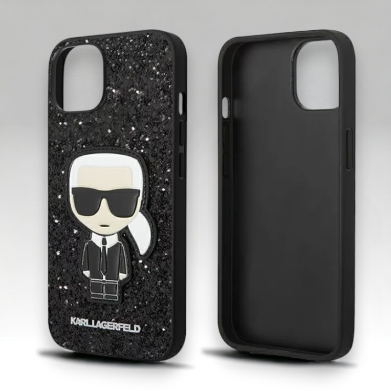 Ovitek Karl Lagerfeld "Iconic Karl - black glitter flakes" za iPhone 14 Plus/15 Plus (KLHCP14MGFKPK)