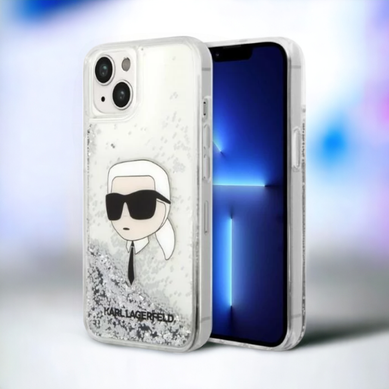 Ovitek Karl Lagerfeld "Iconic Karl - glitter" za iPhone 13/14/15 (KLHCP14SLNKHCH) – Srebrna / PC + TPU silikon