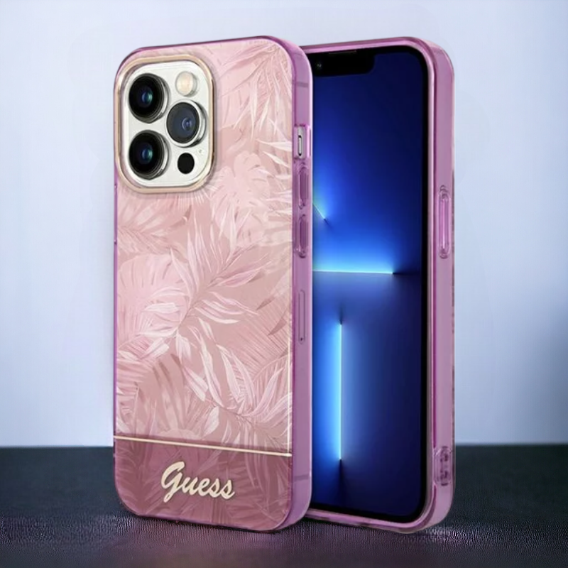 Ovitek Guess "Jungle pink" za iPhone 14 Pro Max (GUHCP14XHGJGHP) – Roza / PC + TPU silikon