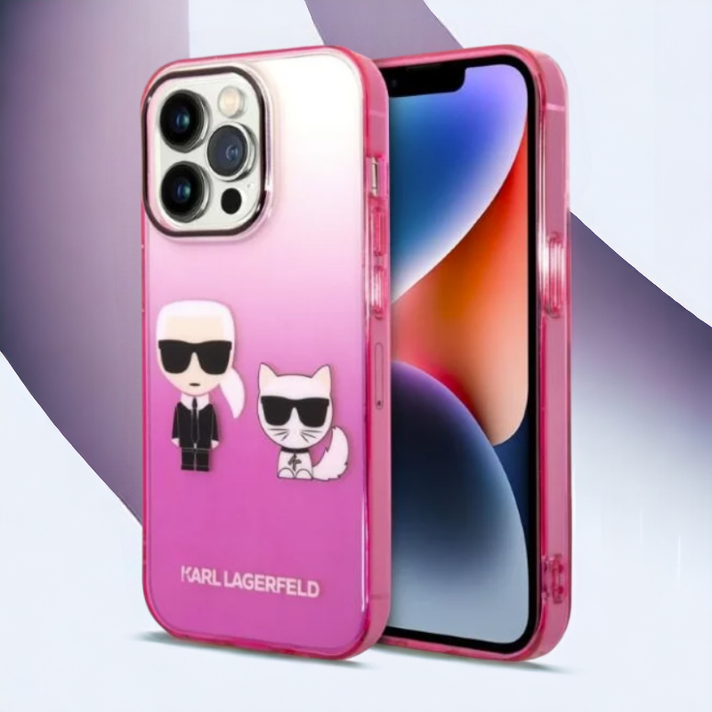 Ovitek Karl Lagerfeld "Karl & Choupette - pink gradient" za iPhone 14 Pro (KLHCP14LTGKCP) – Roza / PC + TPU silikon