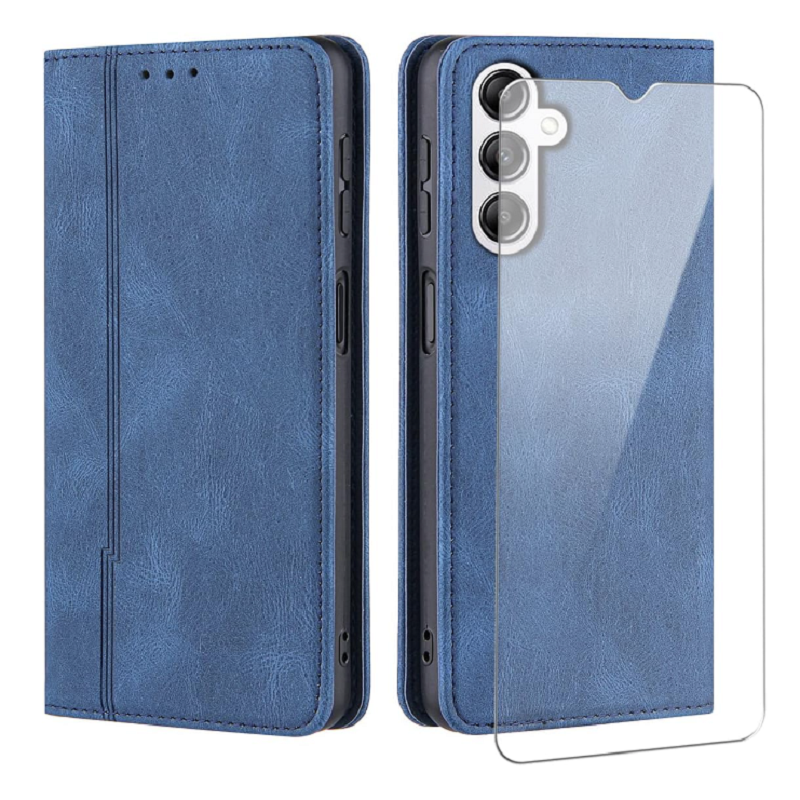Preklopna torbica "Flip" z zaščitnim steklom za Samsung Galaxy A15 – Infostyle – Temno modra / Umetno usnje + TPU siliko