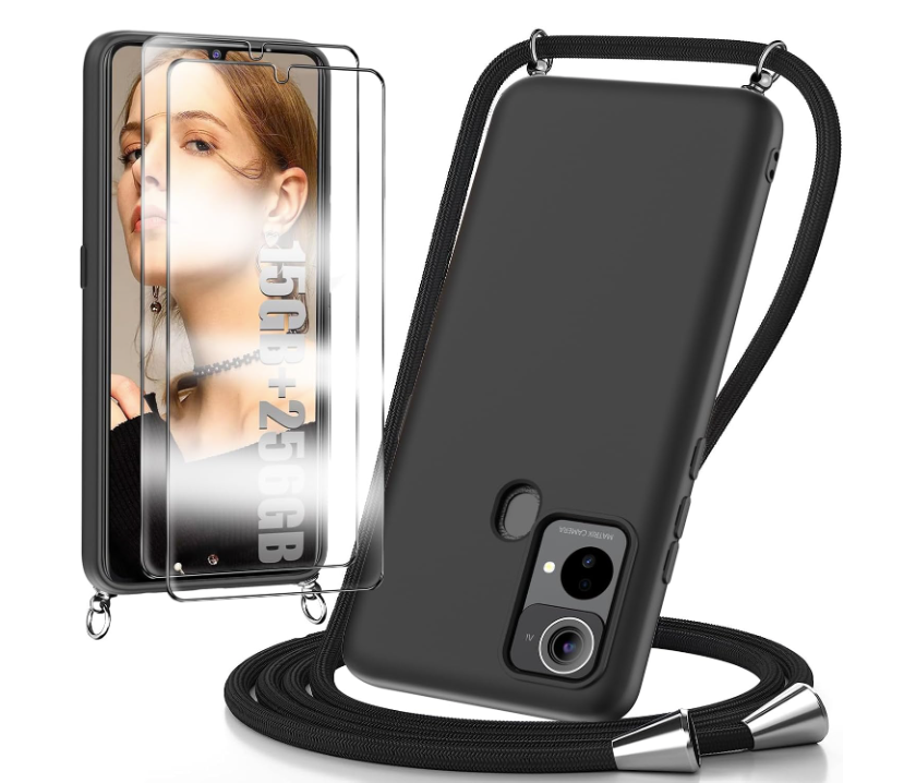 Komplet 2x zaščitno steklo + silikonski ovitek z vrvico za Oukitel C33 – Infostyle – Črna / TPU silikon