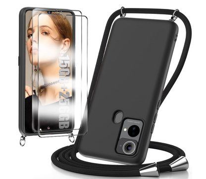 Komplet 2x zaščitno steklo + silikonski ovitek z vrvico za Oukitel C33 – Infostyle – Črna / TPU silikon