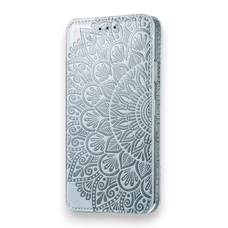 Preklopna torbica "Mandala" za Oppo A57 4G – Infostyle – Svetlo siva / Umetno usnje + TPU silikon
