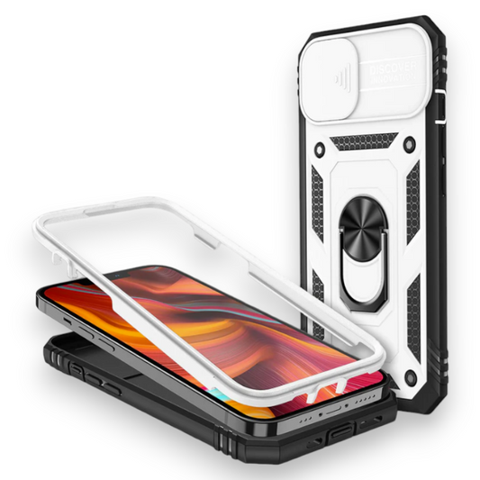 Ovitek "Nalia Armor Ring Camera protect" za iPhone 13/14 – Bela / PC + TPU silikon