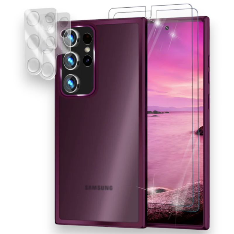 Komplet 2 zaščitni foliji + 2 zaščiti za kamero + ovitek "Matte Hybrid Nalia" za Samsung Galaxy S23 Ultra – Temno rdeča 