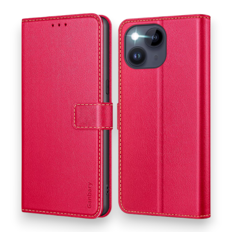 Preklopna torbica "Premium Leather Flip" za iPhone 14/13 – Ganbary – Rdeča / Umetno usnje + TPU silikon