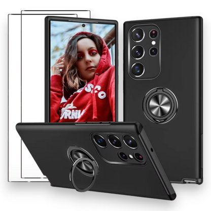 Komplet ovitek z držalom + 2 zaščitni stekli za Samsung Galaxy S23 Ultra – Infostyle – Črna / PC + TPU silikon