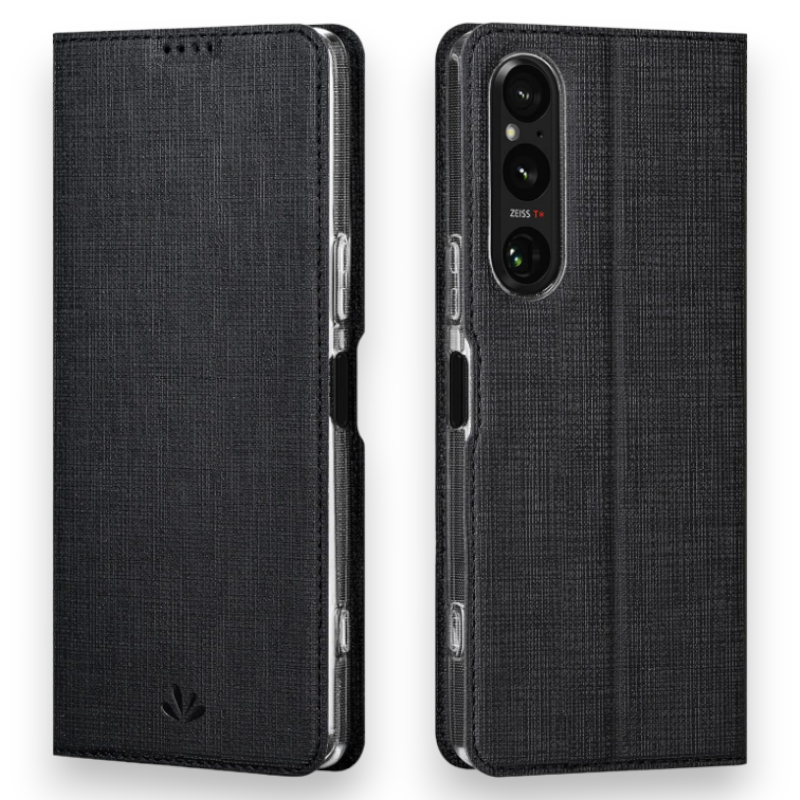 Preklopna torbica "Foluu Folio" za Sony Xperia 1 V 2023 – Črna / Ekološko usnje + TPU silikon