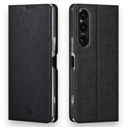 Preklopna torbica "Foluu Folio" za Sony Xperia 1 V 2023 – Črna / Ekološko usnje + TPU silikon