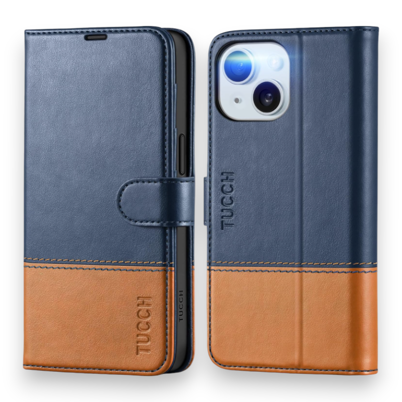 Preklopna torbica "Tucch Double" za iPhone 15 – Temno modra / Umetno usnje + TPU silikon