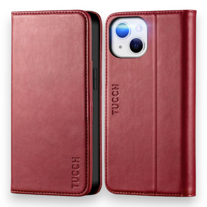Preklopna torbica "Tucch Classic" za iPhone 13 – Temno rdeča / Umetno usnje + TPU silikon