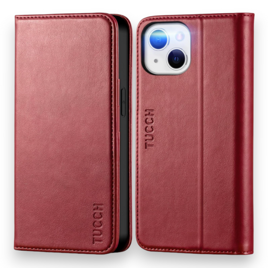 Preklopna torbica "Tucch Classic" za iPhone 13 – Temno rdeča / Umetno usnje + TPU silikon