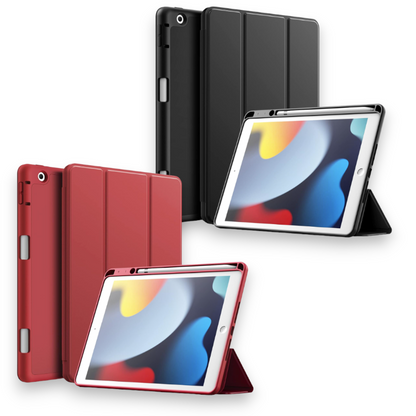 Preklopna torbica za tablični računalnik Apple iPad 9/8/7 (2021/2020/2019) 10.2" z držalom za pisalo – JETech – Rdeča / 