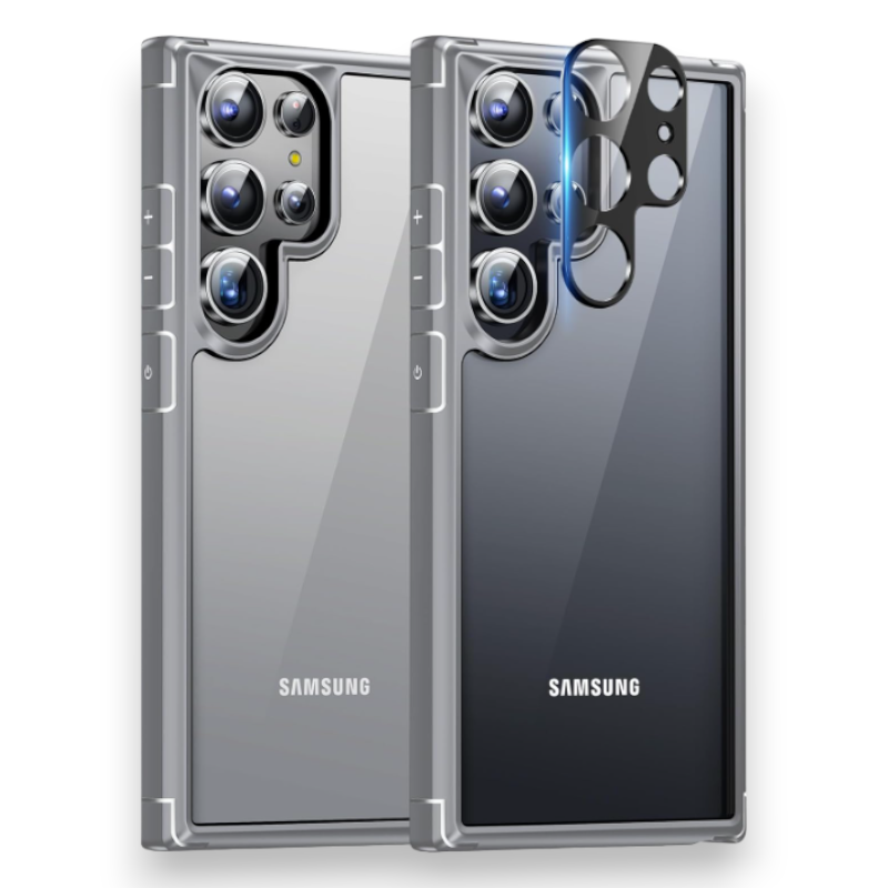 Komplet ovitek "Tauri Grey" + 2x zaščita za kamero za Samsung Galaxy S24 Ultra – PC + TPU silikon / Siva