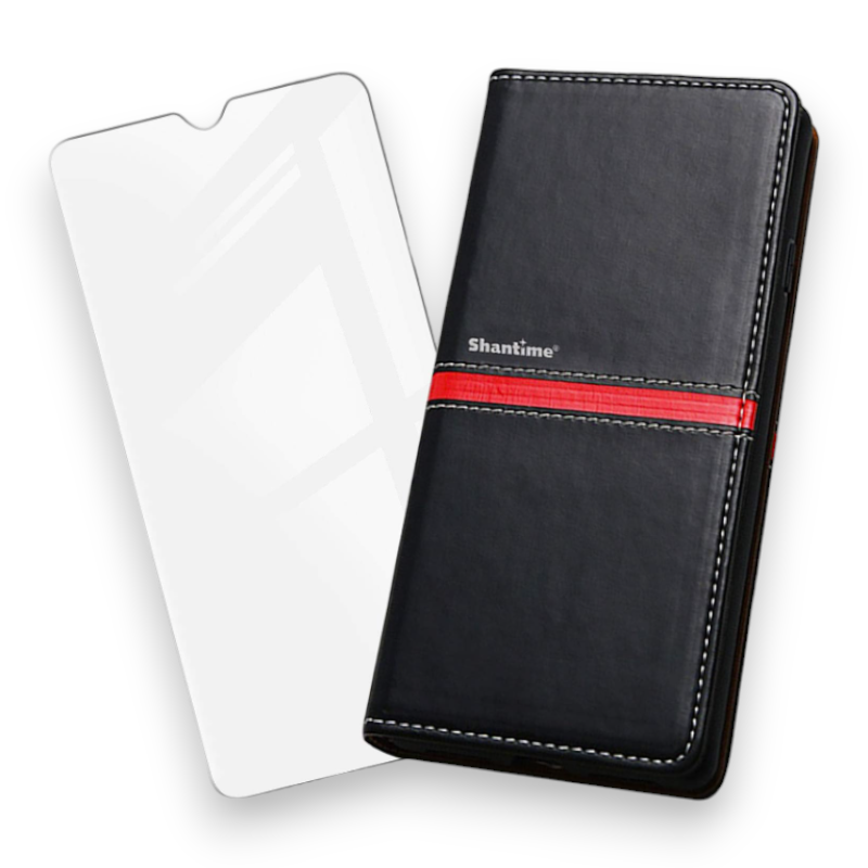 Komplet preklopna torbica "Line" + zaščitno steklo za Oukitel WP6 (6.3") – Infostyle – Umetno usnje + TPU silikon / Črna