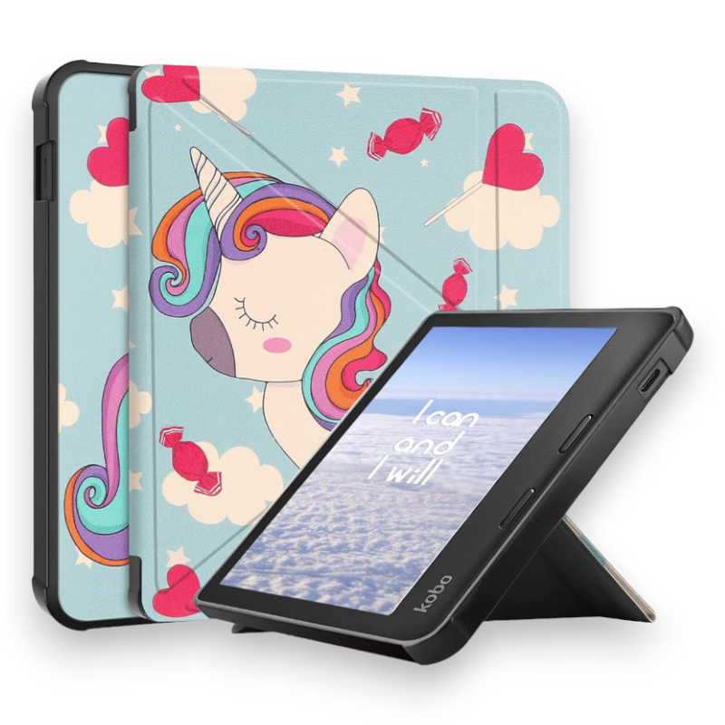 Preklopna torbica "Unicorn" za eBralnik Kobo Libra 2 7" – Infostyle – Svetlo modra / PU usnje + mikrovlakna