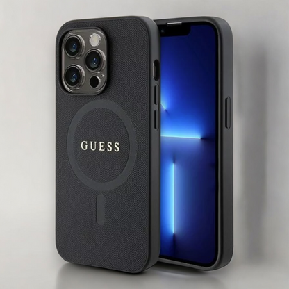 Ovitek Guess "Saffiano MagSafe " za iPhone 15 Pro Max (GUHMP15XPSAHMCK) – Črna / PC + TPU silikon + Ekološko usnje