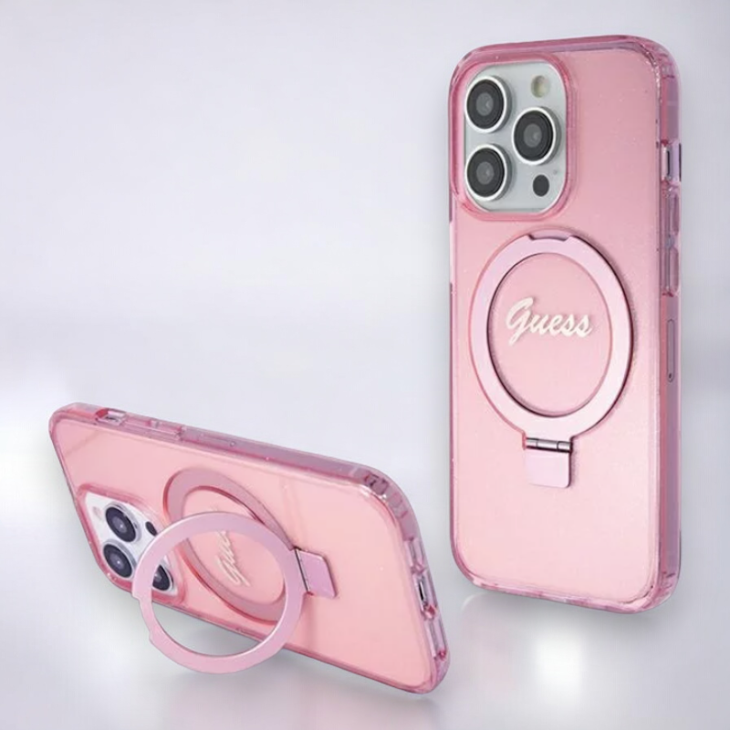 Ovitek Guess "IML Ring Stand Glitter MagSafe" za iPhone 15 Pro (GUHMP15LHRSGSP) – Svetlo roza / PC + TPU silikon