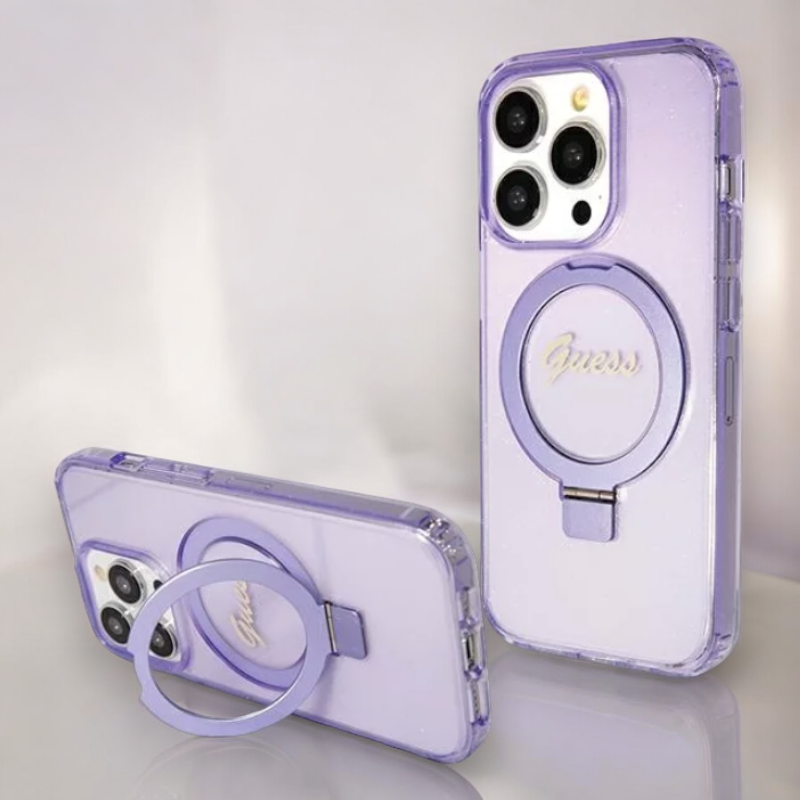 Ovitek Guess "IML Ring Stand Glitter MagSafe" za iPhone 15 Pro (GUHMP15LHRSGSU) – Vijolična / PC + TPU silikon