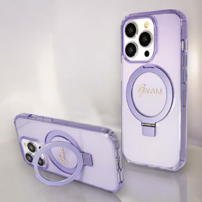 Ovitek Guess "IML Ring Stand Glitter MagSafe" za iPhone 15 Pro (GUHMP15LHRSGSU) – Vijolična / PC + TPU silikon