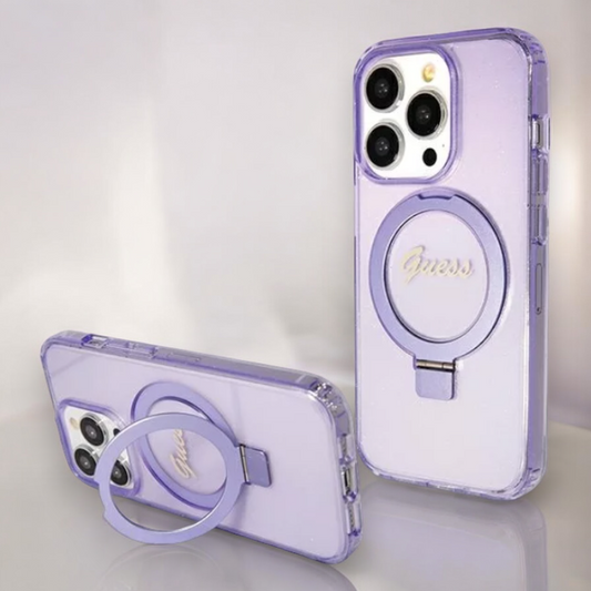 Ovitek Guess "IML Ring Stand Glitter MagSafe" za iPhone 15 Pro (GUHMP15LHRSGSU) – Vijolična / PC + TPU silikon