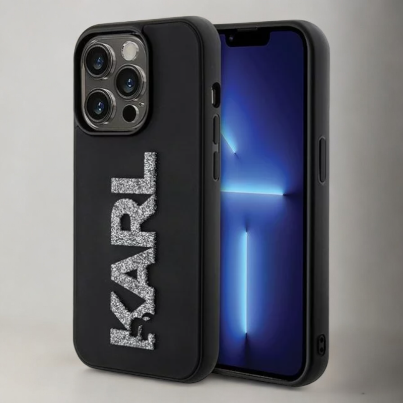Ovitek Karl Lagerfeld "3D Rubber Glitter Logo" za iPhone 15 Pro Max (KLHCP15X3DMBKCK) – Črna / PC + TPU silikon