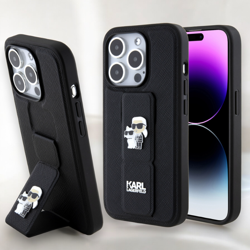 Ovitek Karl Lagerfeld "Saffiano Grip Stand" za iPhone 15 pro Max (KLHCP15XGSAKCPK) – Črna / Umetno usnje + TPU silikon