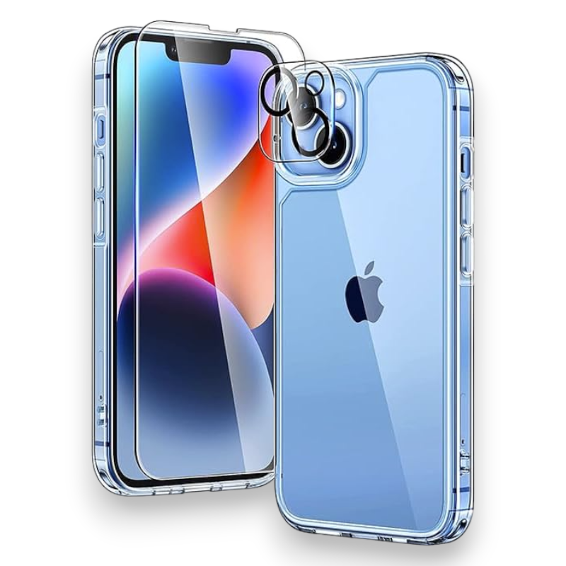 Komplet "Tauri 5in1" ovitek + 2x zaščitno steklo + 2x zaščita za kamero za iPhone 14 Plus – PC + TPU silikon / Prozorna