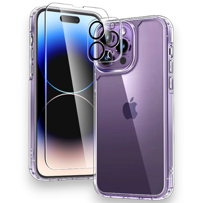 Komplet ovitek "Tauri Classic" + zaščitno steklo + zaščita za kamero za iPhone 14 Pro – PC + TPU silikon / Prozorna